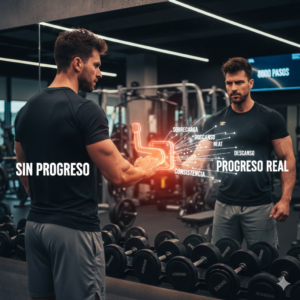 Hombre en el gimnasio frente al espejo activando un interruptor de progreso real que muestra conceptos como NEAT, descanso y consistencia. Entrenador personal mostrando cómo evitar errores al entrenar para ver progreso real en el gimnasio.