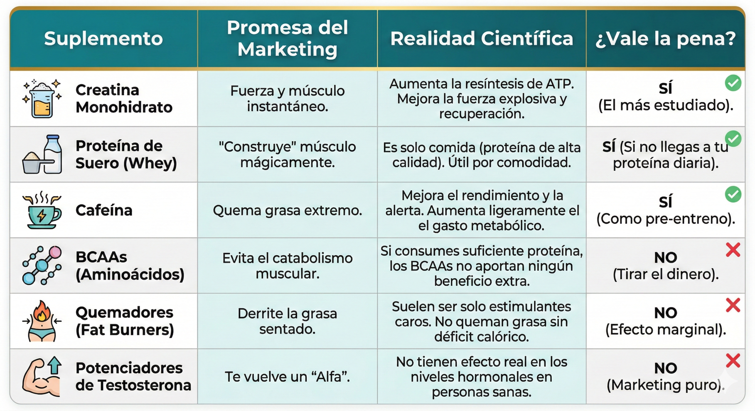 Infografía comparativa que desmiente mitos de suplementos: creatina, proteína y cafeína frente a BCAAs y quemadores de grasa.